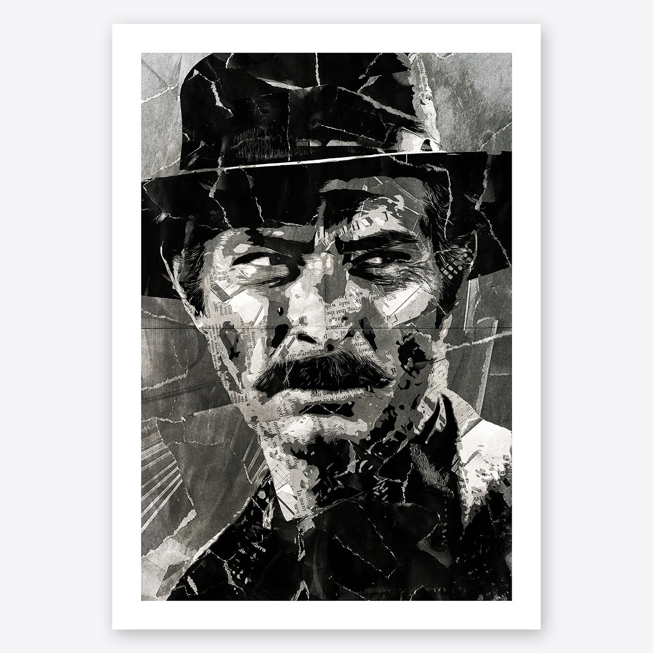 A digital collage portrait of Lee Van Cleef as Angel Eyes from the movie The Good, The Bad and The Ugly created using ripped up magazines and newspaper. An archival standard quality print from The Building House.