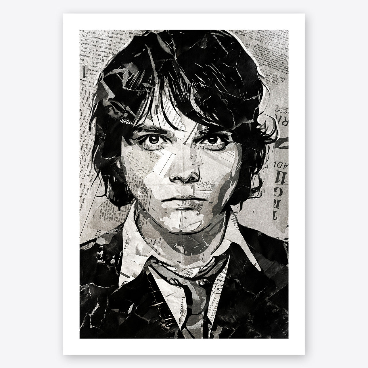 A digital collage portrait of Gerard Way of My Chemical Romance created using ripped up magazines and newspaper. An archival standard quality print from The Building House.