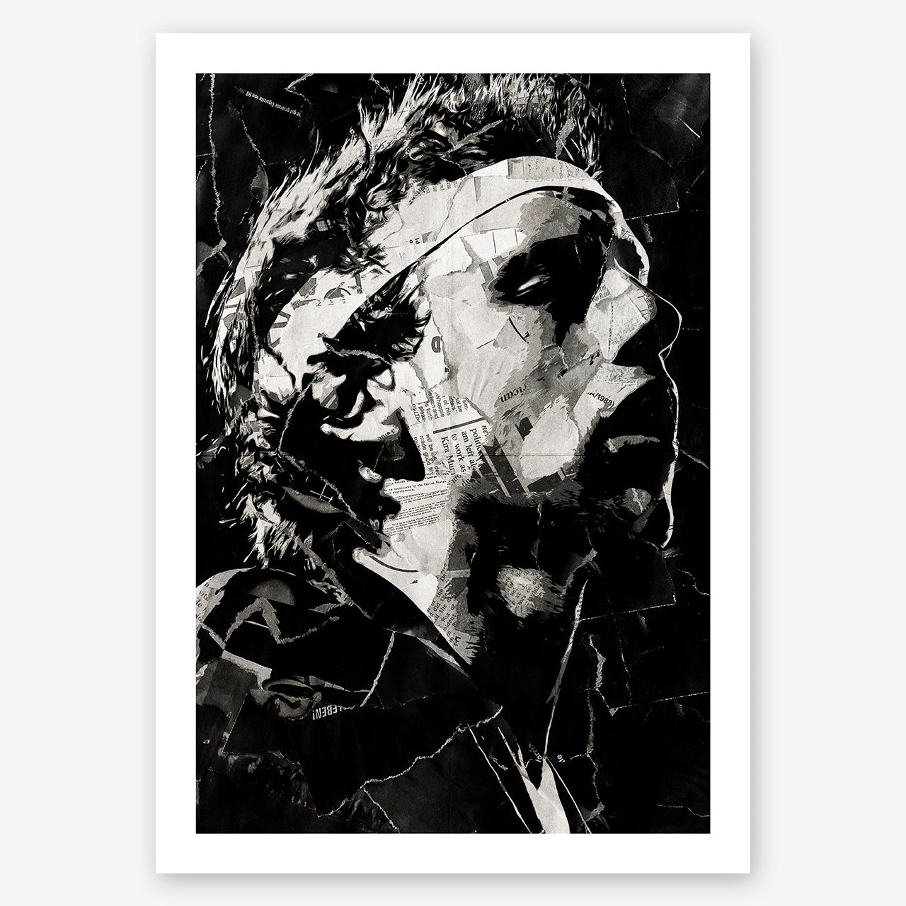 A digital collage portrait of Mark Knopfler of Dire Straits created using ripped up magazines and newspaper. An archival standard quality print from The Building House.