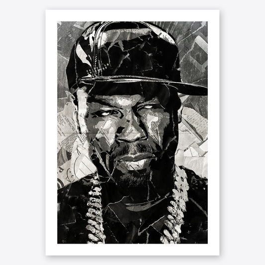 A digital collage portrait of 50 Cent created using ripped up magazines and newspaper. An archival standard quality print from The Building House.