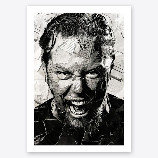 A digital collage portrait of James Hetfield of Metallica created using ripped up magazines and newspaper. An archival standard quality print from The Building House.