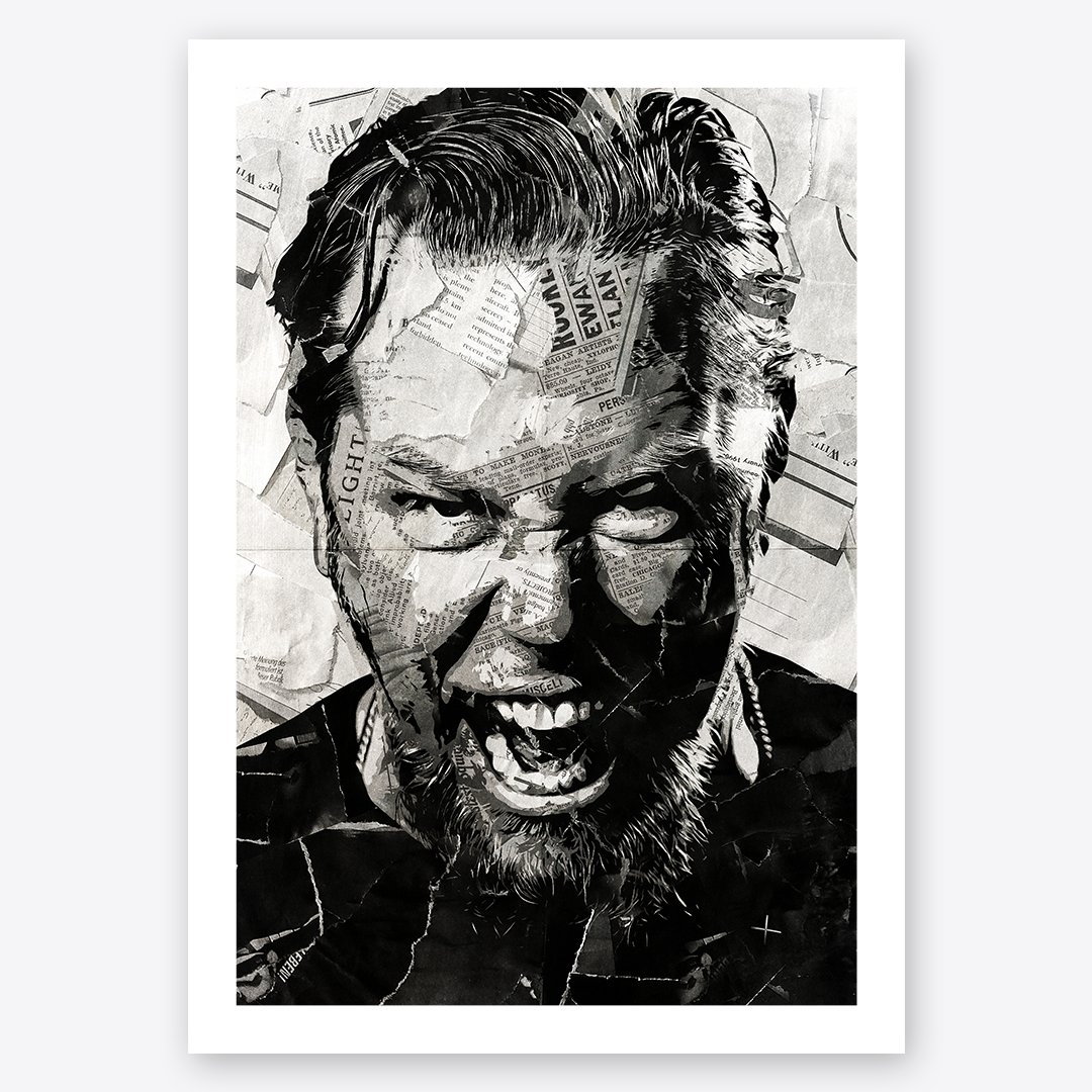 A James Hetfield of Metallica poster design - a portrait of James made using a collage of torn pieces of magazine pages in black and white.