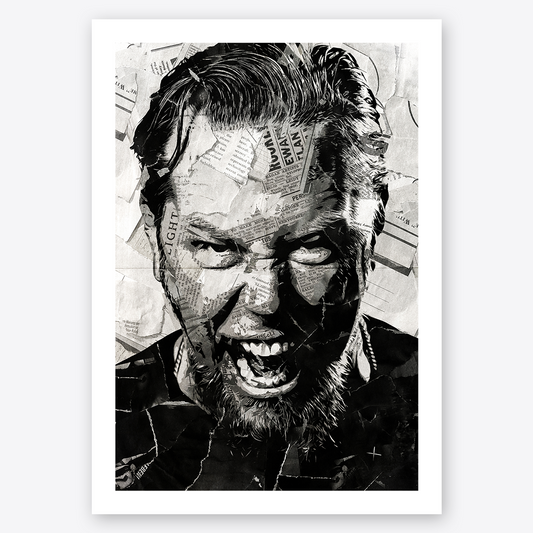 A James Hetfield of Metallica poster design - a portrait of James made using a collage of torn pieces of magazine pages in black and white.