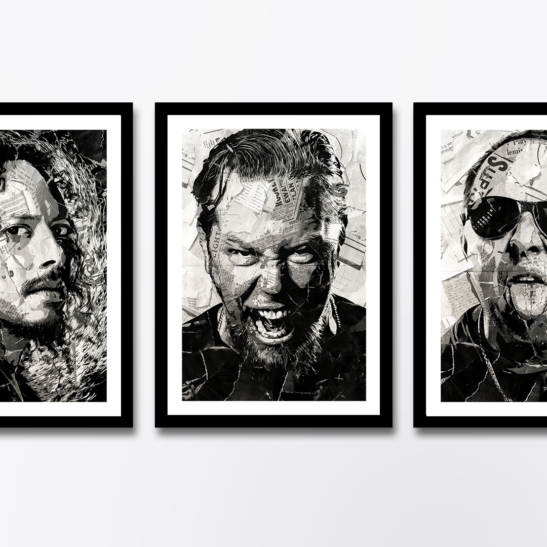 A James Hetfield of Metallica poster design - a portrait of James made using a collage of torn pieces of magazine pages in black and white.