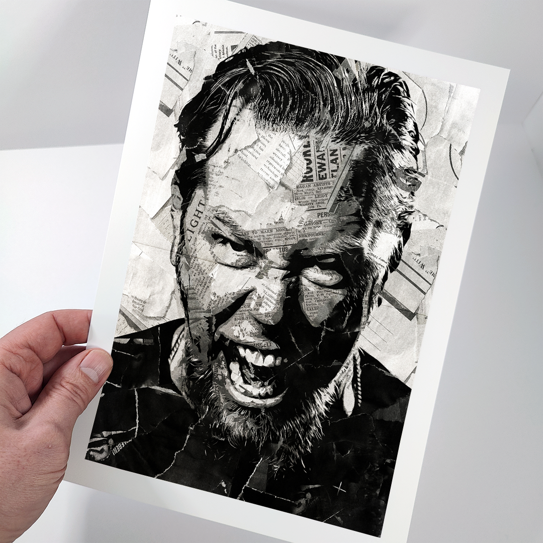 A James Hetfield of Metallica poster design - a portrait of James made using a collage of torn pieces of magazine pages in black and white.