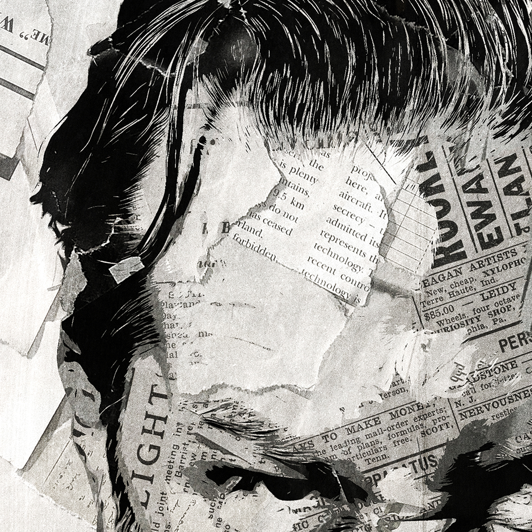 A James Hetfield of Metallica poster design - a portrait of James made using a collage of torn pieces of magazine pages in black and white.