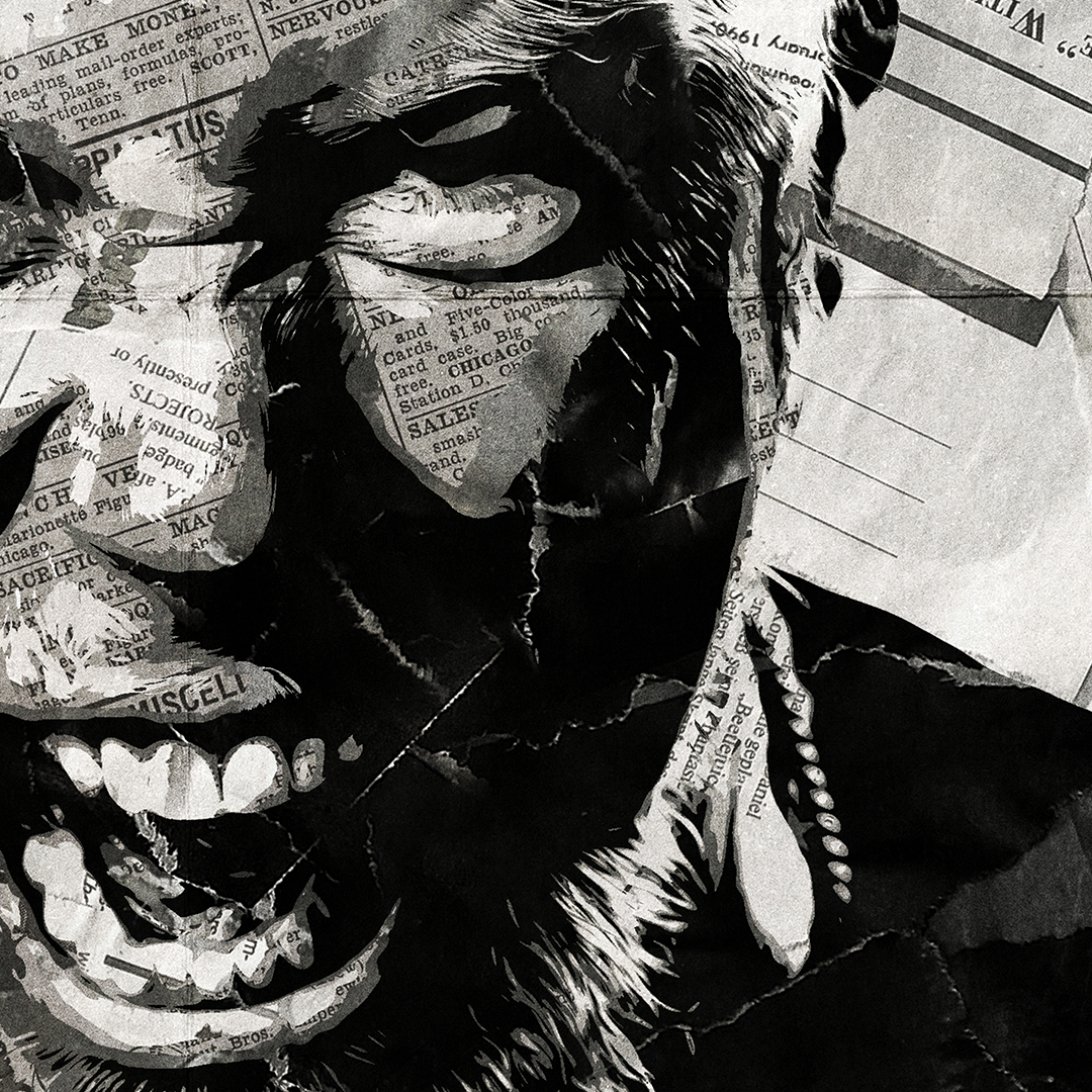 A James Hetfield of Metallica poster design - a portrait of James made using a collage of torn pieces of magazine pages in black and white.