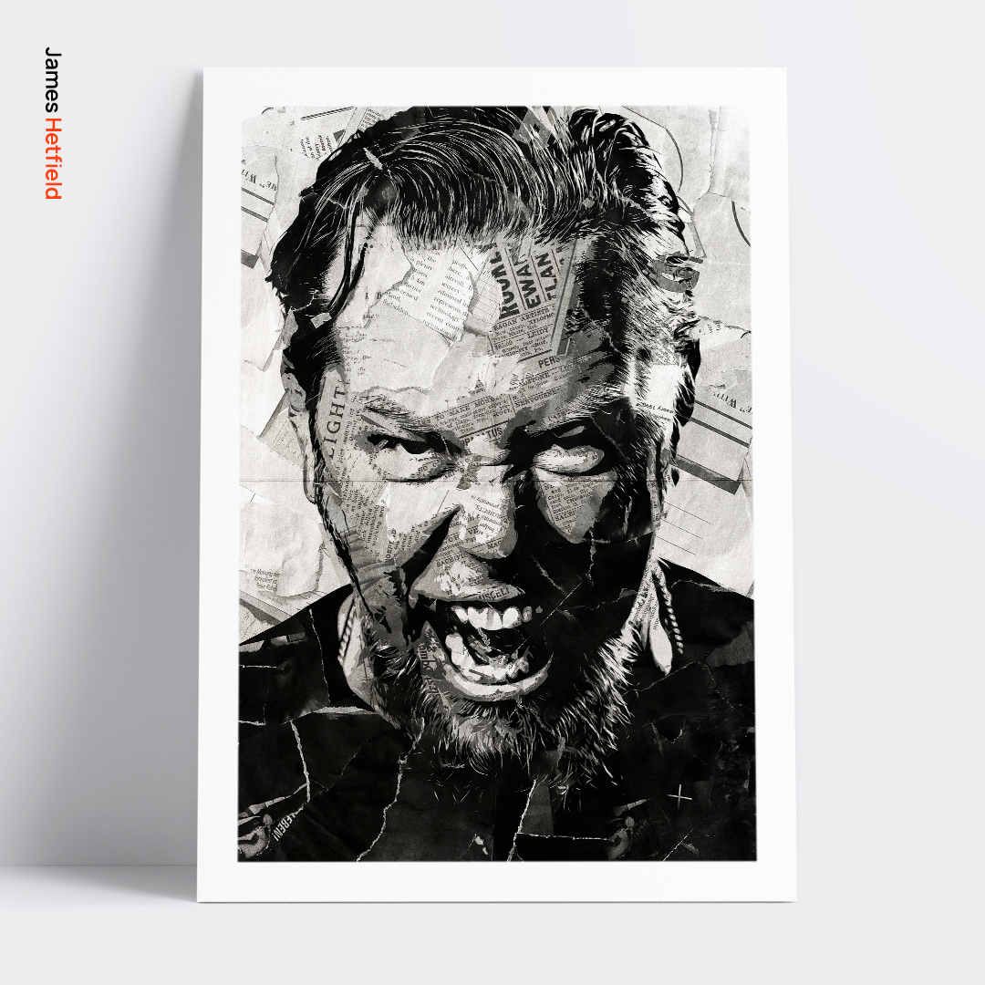 A James Hetfield of Metallica poster design - a portrait of James made using a collage of torn pieces of magazine pages in black and white.