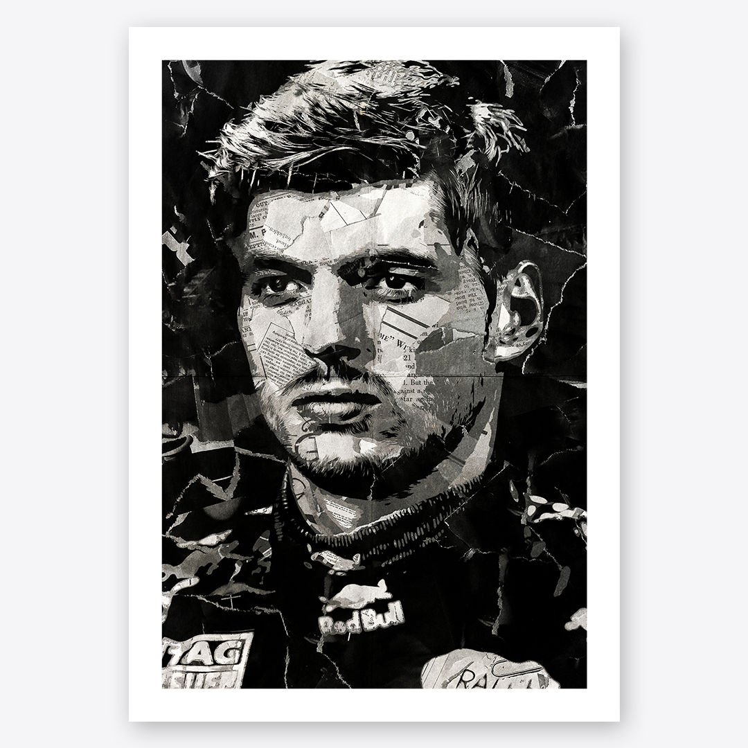 A Max Verstappen poster design - a portrait of Max made using a collage of torn pieces of magazine pages in black and white.