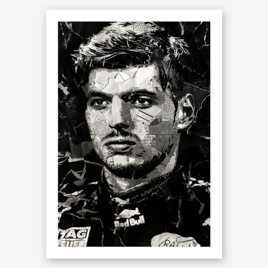 A Max Verstappen poster design - a portrait of Max made using a collage of torn pieces of magazine pages in black and white.
