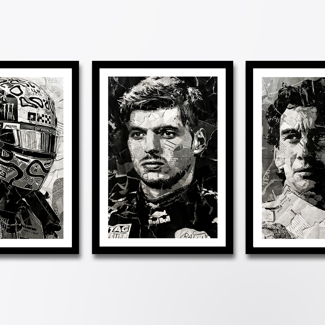 A Max Verstappen poster design - a portrait of Max made using a collage of torn pieces of magazine pages in black and white.