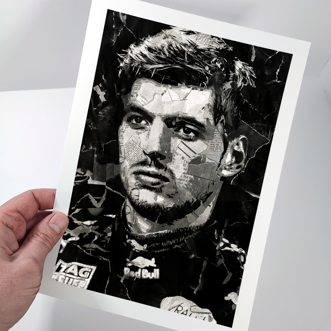 A Max Verstappen poster design - a portrait of Max made using a collage of torn pieces of magazine pages in black and white.