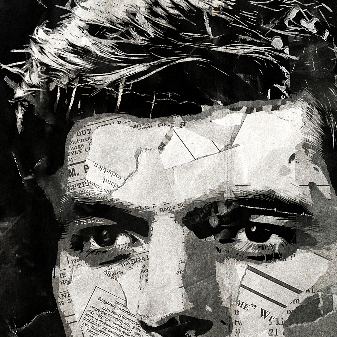 A Max Verstappen poster design - a portrait of Max made using a collage of torn pieces of magazine pages in black and white.