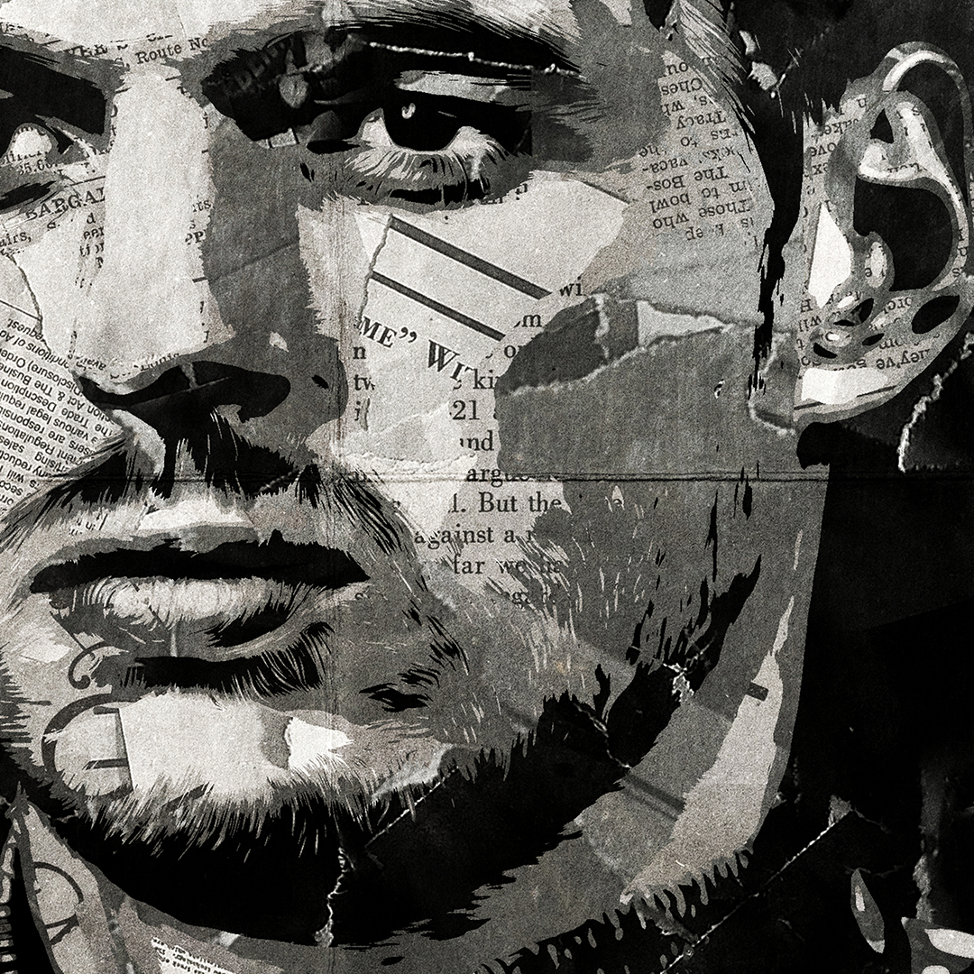 A Max Verstappen poster design - a portrait of Max made using a collage of torn pieces of magazine pages in black and white.