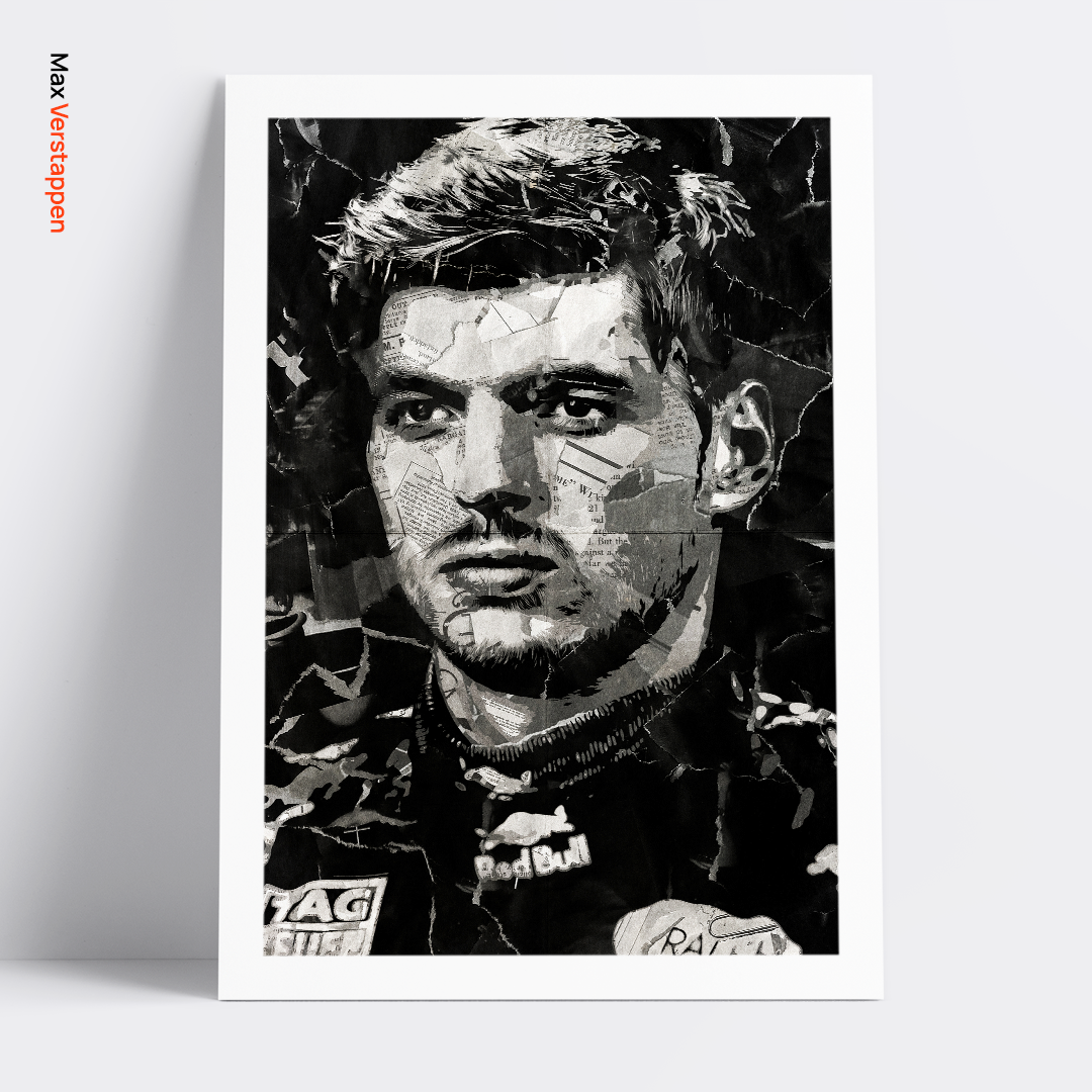 A Max Verstappen poster design - a portrait of Max made using a collage of torn pieces of magazine pages in black and white.