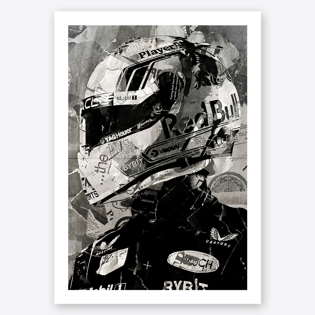A Max Verstappen poster design - a portrait of Max made using a collage of torn pieces of magazine pages in black and white.