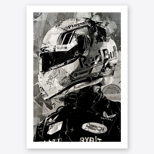 A Max Verstappen poster design - a portrait of Max made using a collage of torn pieces of magazine pages in black and white.