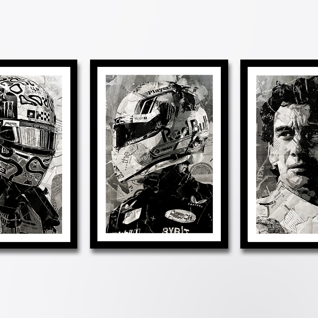 A Max Verstappen poster design - a portrait of Max made using a collage of torn pieces of magazine pages in black and white.