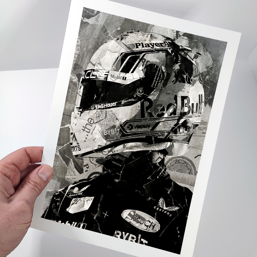 A Max Verstappen poster design - a portrait of Max made using a collage of torn pieces of magazine pages in black and white.