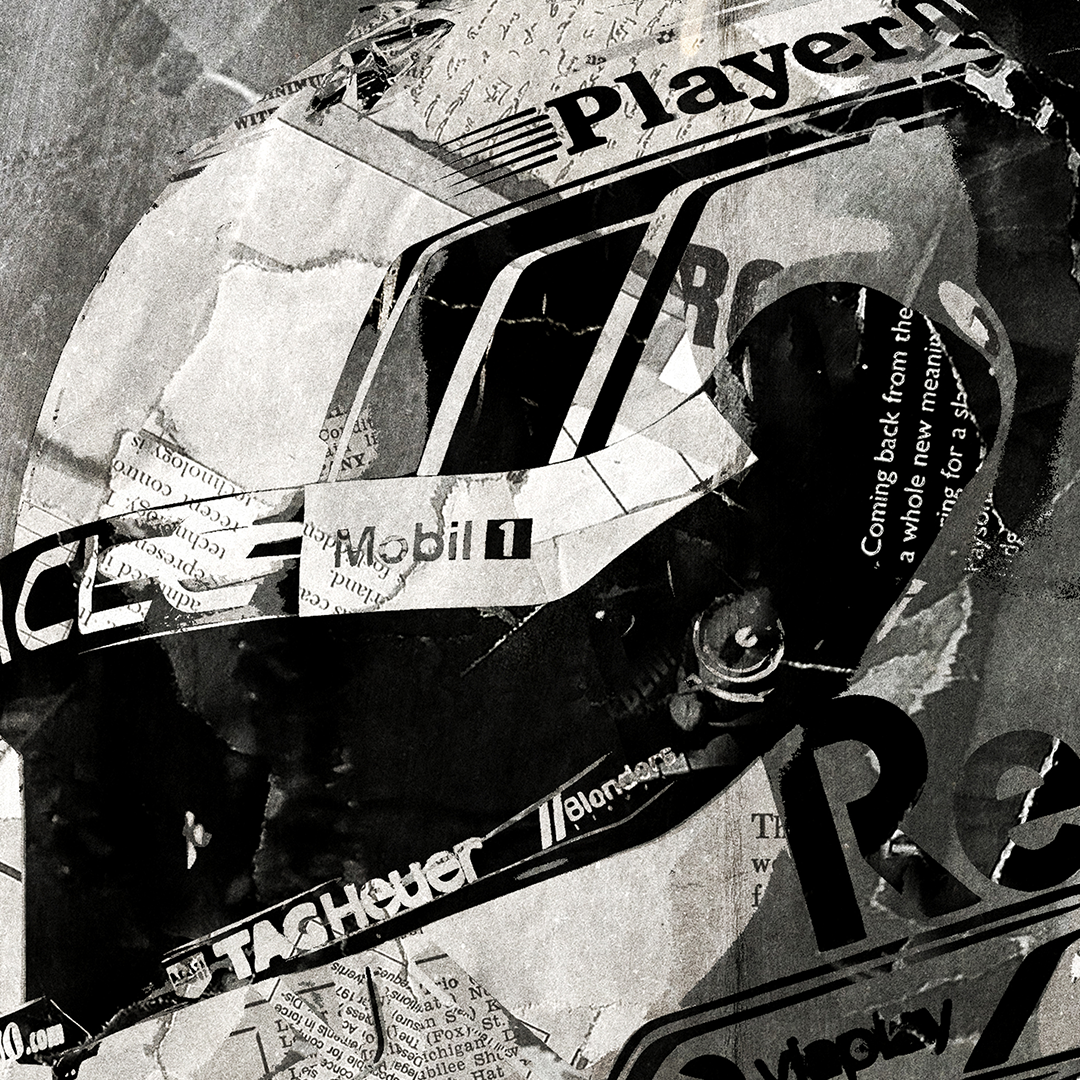 A Max Verstappen poster design - a portrait of Max made using a collage of torn pieces of magazine pages in black and white.