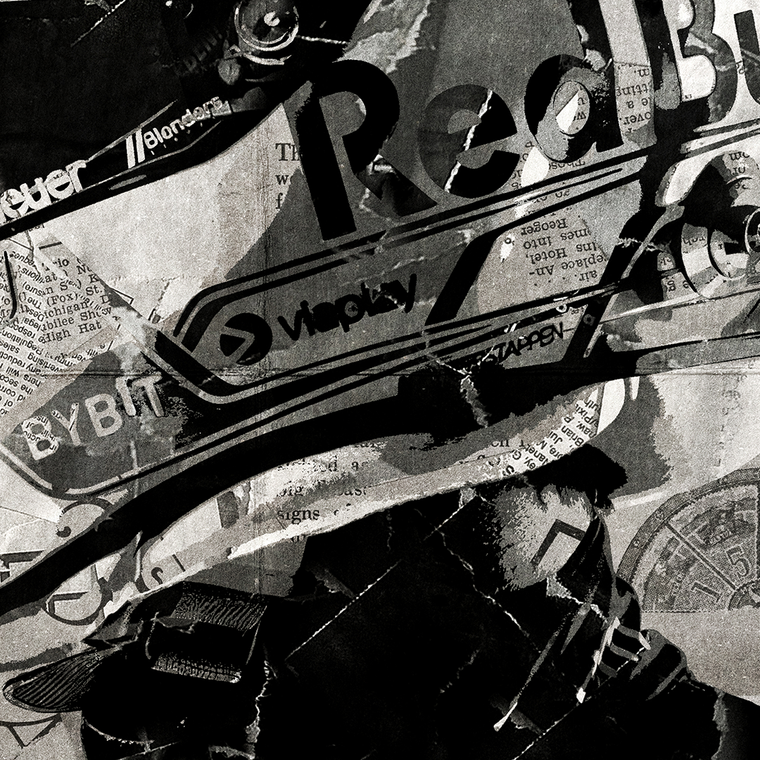 A Max Verstappen poster design - a portrait of Max made using a collage of torn pieces of magazine pages in black and white.
