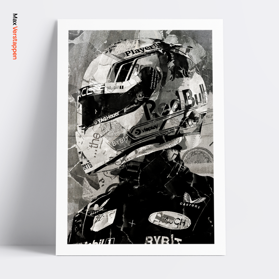 A Max Verstappen poster design - a portrait of Max made using a collage of torn pieces of magazine pages in black and white.
