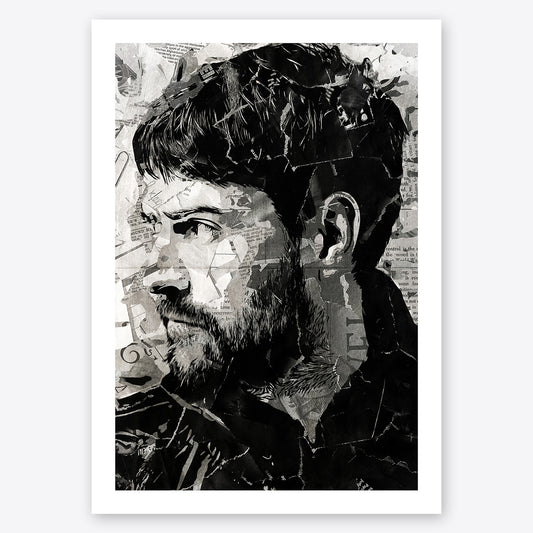 A digital collage portrait of Liam Fray of the Courteeners created using ripped up magazines and newspaper. An archival standard quality print from The Building House.