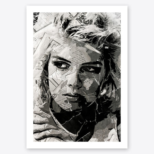 A digital collage portrait of Kim Wilde created using ripped up magazines and newspaper. An archival standard quality print from The Building House.