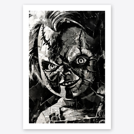 A digital collage portrait of Chucky from the movie Child's Play created using ripped up magazines and newspaper. An archival standard quality print from The Building House.