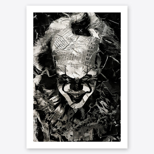 A digital collage portrait of Pennywiseplayed by Bill Skarsgård in the movie IT created using ripped up magazines and newspaper. An archival standard quality print from The Building House.