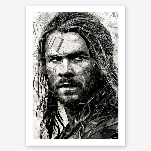 A digital collage portrait of Chris Hemsworth playing Thor in the Marvel Cinematic Universe created using ripped up magazines and newspaper. An archival standard quality print from The Building House.