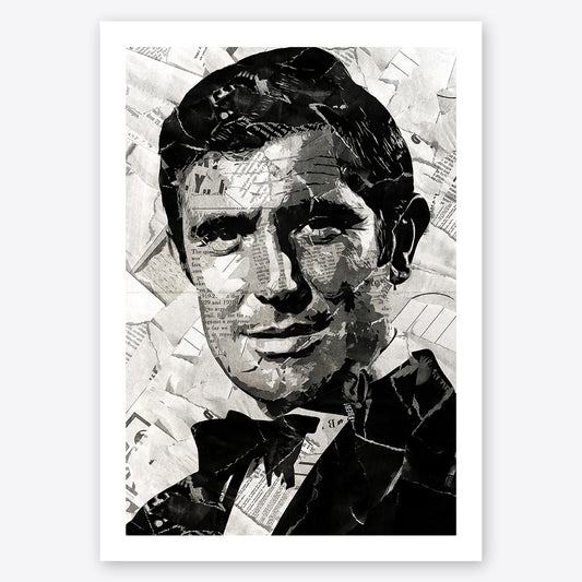 A digital collage portrait of James Bond played by George Lazenby created using ripped up magazines and newspaper. An archival standard quality print from The Building House.