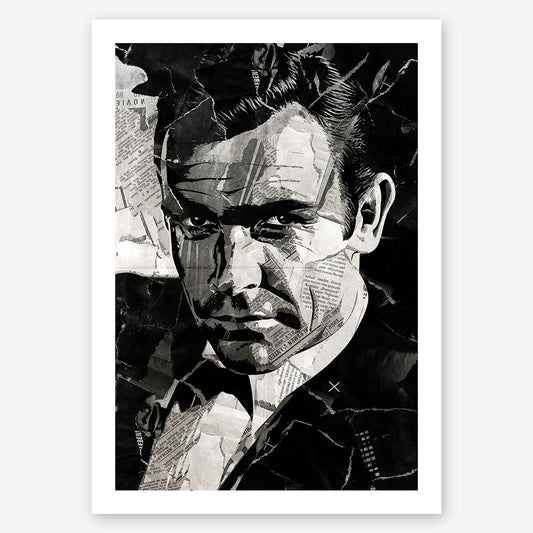 A digital collage portrait of James Bond played by Sean Connery created using ripped up magazines and newspaper. An archival standard quality print from The Building House.