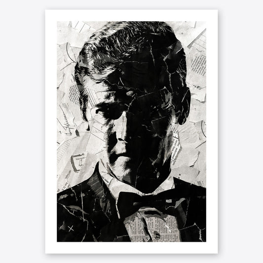 A digital collage portrait of James Bond played by Rofer Moore created using ripped up magazines and newspaper. An archival standard quality print from The Building House.