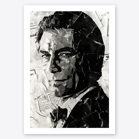 A digital collage portrait of James Bond played by Timothy Dalton created using ripped up magazines and newspaper. An archival standard quality print from The Building House.