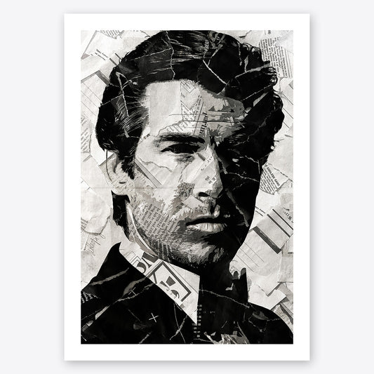 A digital collage portrait of James Bond played by Pierce Brosnan created using ripped up magazines and newspaper. An archival standard quality print from The Building House.