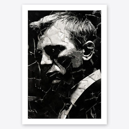 A digital collage portrait of James Bond played by Daniel Craig created using ripped up magazines and newspaper. An archival standard quality print from The Building House.