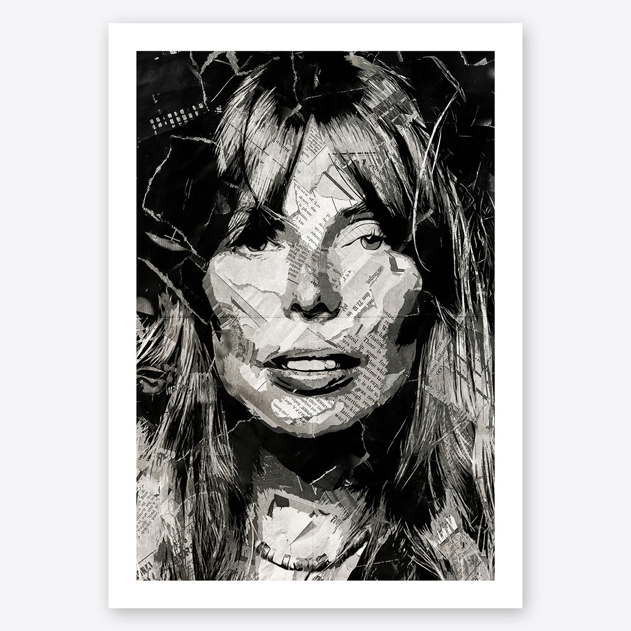 A digital collage portrait of Joni Mitchell created using ripped up magazines and newspaper. An archival standard quality print from The Building House.