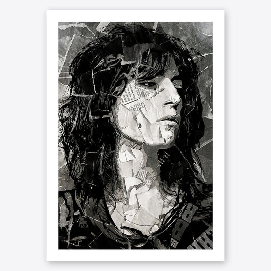 A digital collage portrait of Patti Smith created using ripped up magazines and newspaper. An archival standard quality print from The Building House.