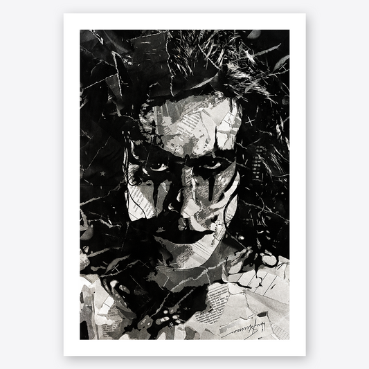 A Crow / Eric Draven / Brandon Lee poster design - a portrait of Brandon made using a collage of torn pieces of magazine pages in black and white.
