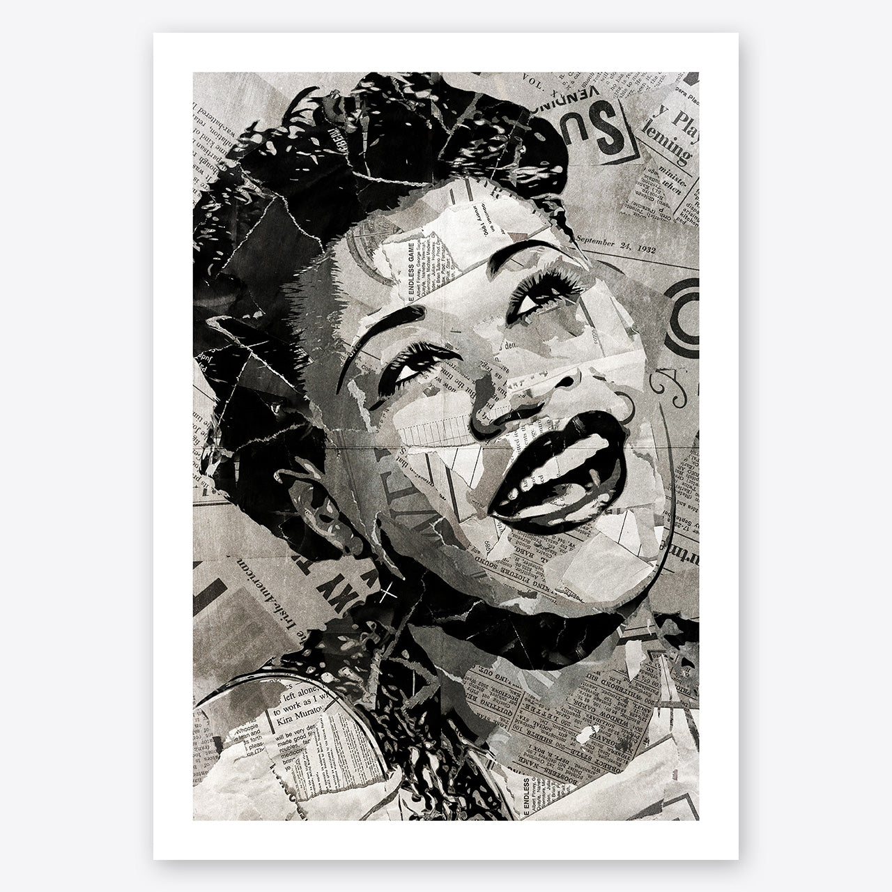 A digital collage portrait of Ella Fitzgerald created using ripped up magazines and newspaper. An archival standard quality print from The Building House.