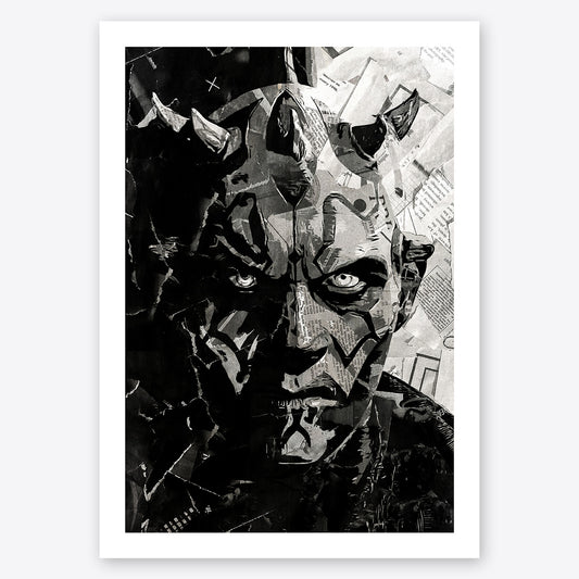 A digital collage portrait of Darth Maul from the Star Wars films created using ripped up magazines and newspaper. An archival standard quality print from The Building House.