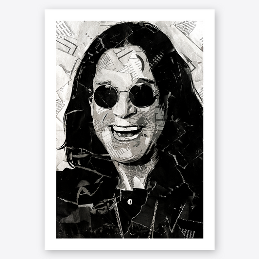 An Ozzy Osbourne poster design - a portrait of Ozzy created using a collage of torn pieces of magazine pages in black and white.