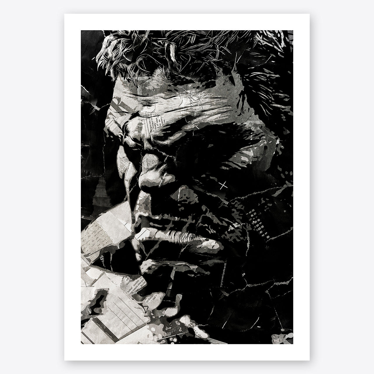 A digital collage portrait of the Hulk from the Avengers films created using ripped up magazines and newspaper. An archival standard quality print from The Building House.