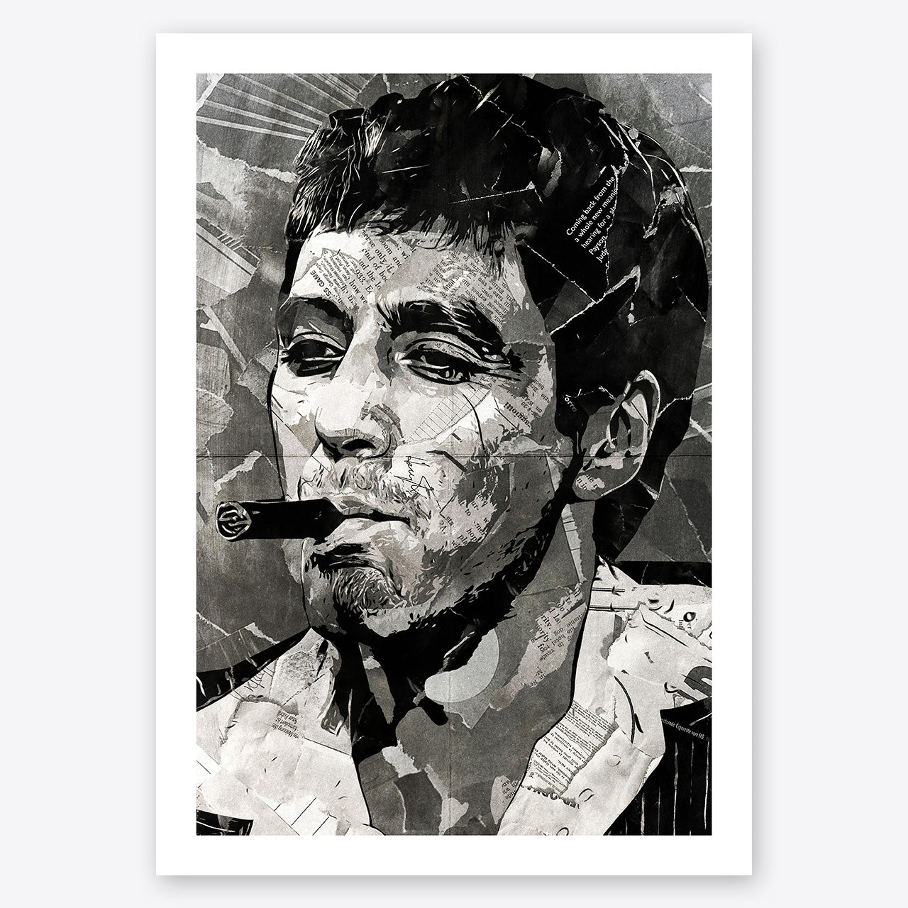 A digital collage portrait of Tony Montana played by Al Pacino from the film Scarface created using ripped up magazines and newspaper. An archival standard quality print from The Building House.