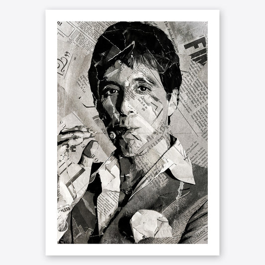 A digital collage portrait of Tony Montana played by Al Pacino from the film Scarface created using ripped up magazines and newspaper. An archival standard quality print from The Building House.