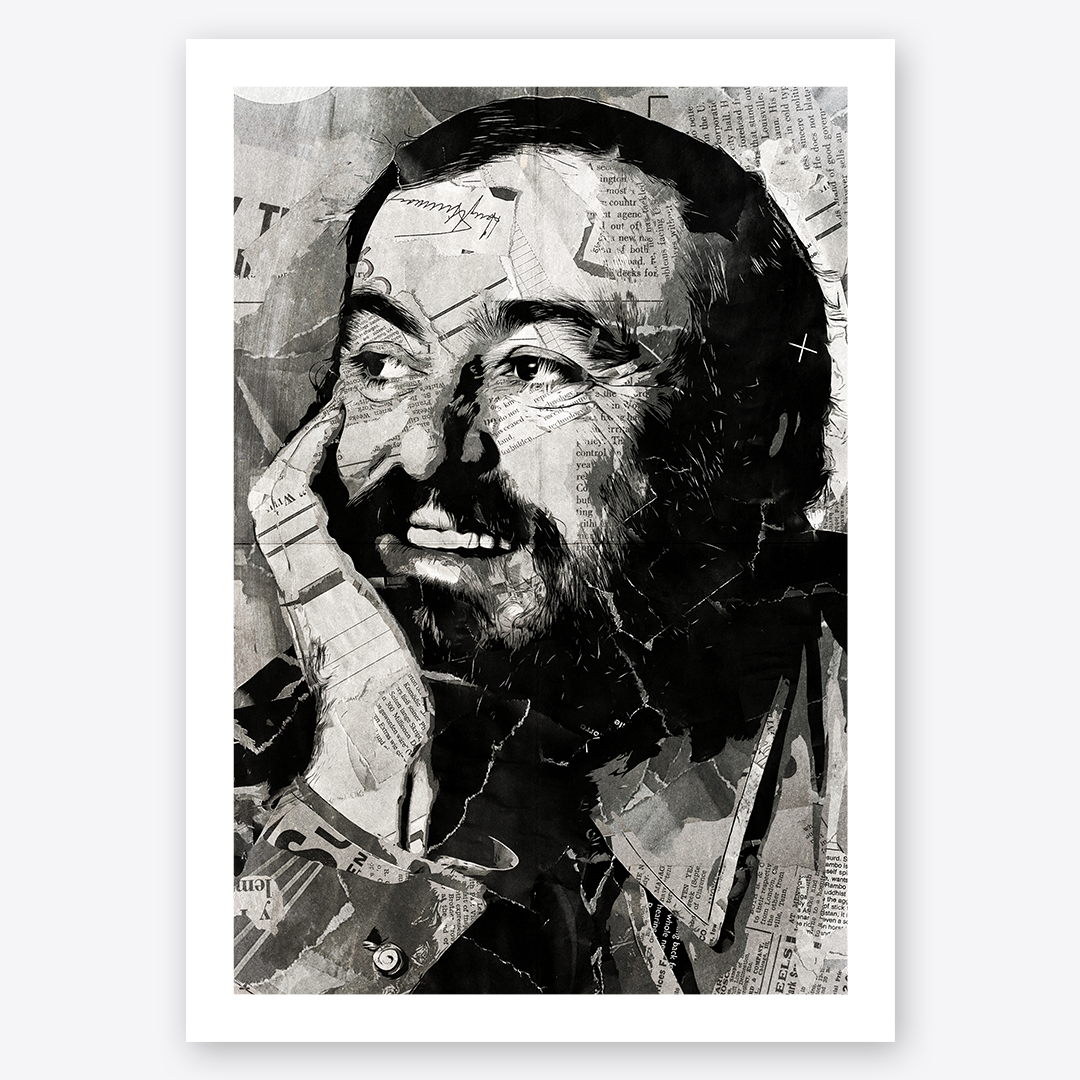 A Luciano Pavarotti poster design - a portrait of Pavarotti made using a collage of torn pieces of magazine pages in black and white.