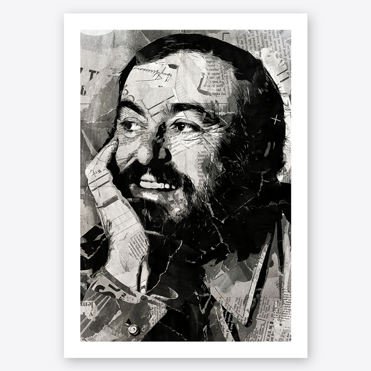 A Luciano Pavarotti poster design - a portrait of Pavarotti made using a collage of torn pieces of magazine pages in black and white.