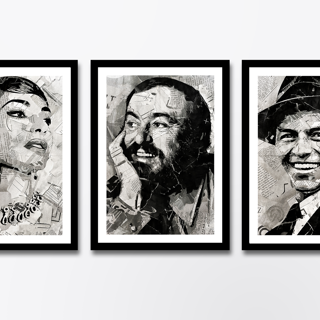 A Luciano Pavarotti poster design - a portrait of Pavarotti made using a collage of torn pieces of magazine pages in black and white.
