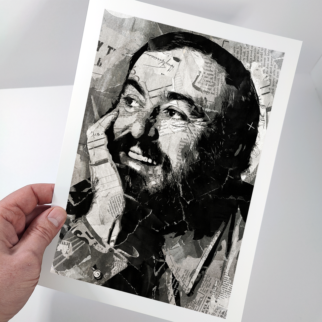A Luciano Pavarotti poster design - a portrait of Pavarotti made using a collage of torn pieces of magazine pages in black and white.